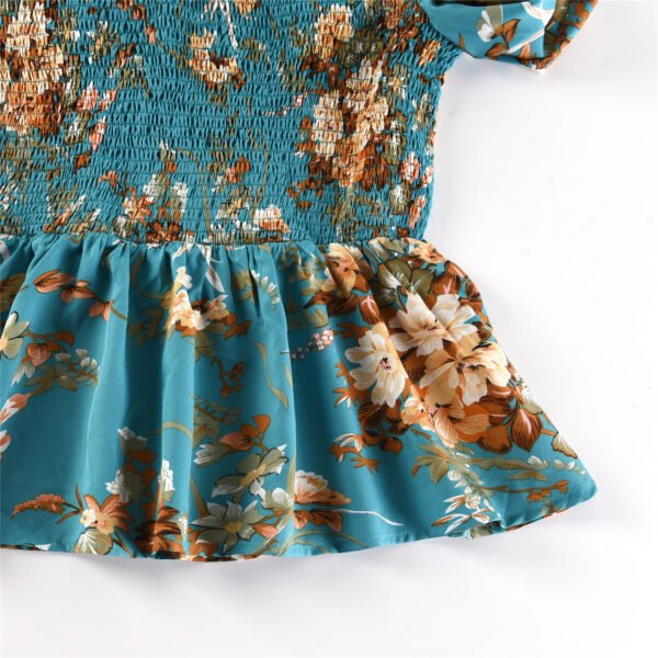 Women's waist round neck shirt 2023 blue spring long sleeve flower shirt