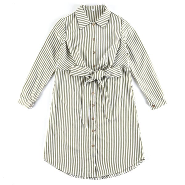 Long sleeved striped shirt Spring 2023 white women's waist closing one-piece shirt